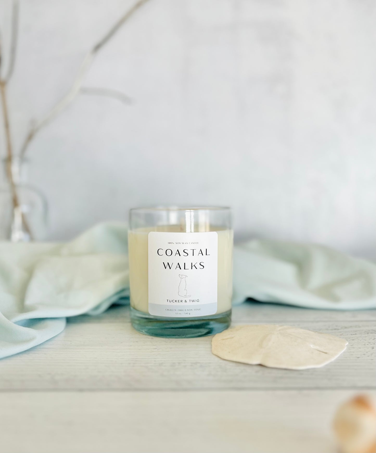 Candle in clear rocks glass container, labeled "Coastal Walks" with sand dollar beside it.