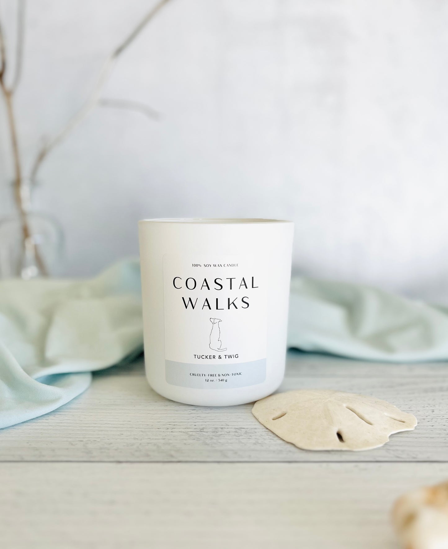 Candle in white glass container, labeled "Coastal Walks" with sand dollar beside it.